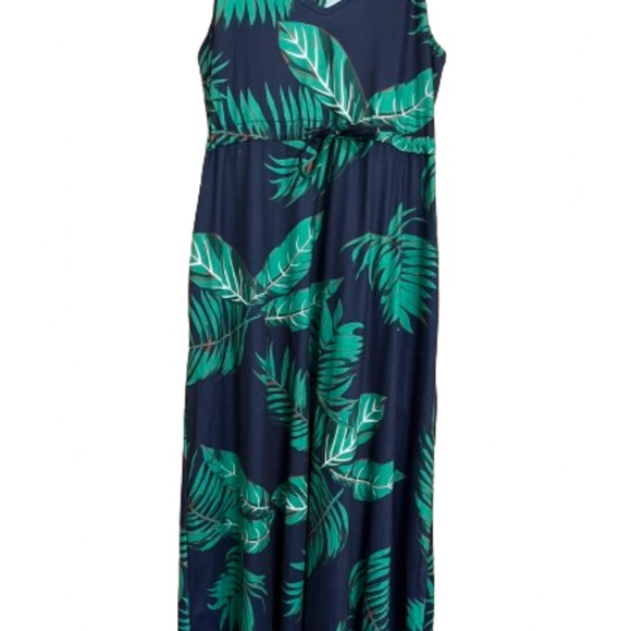 Women’s Black & Green Tropical Leaf Print Boho Maxi Beach Summer Dress Sz-M - Picture 5 of 8